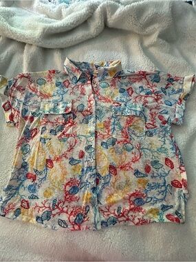 Casual Shell-Print Short Sleeve Button-Up Top - Multicolor Casey Key